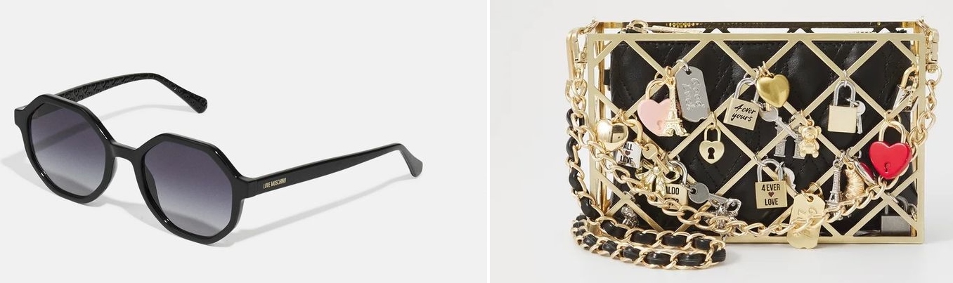 Product collage: sunglasses and designer bag