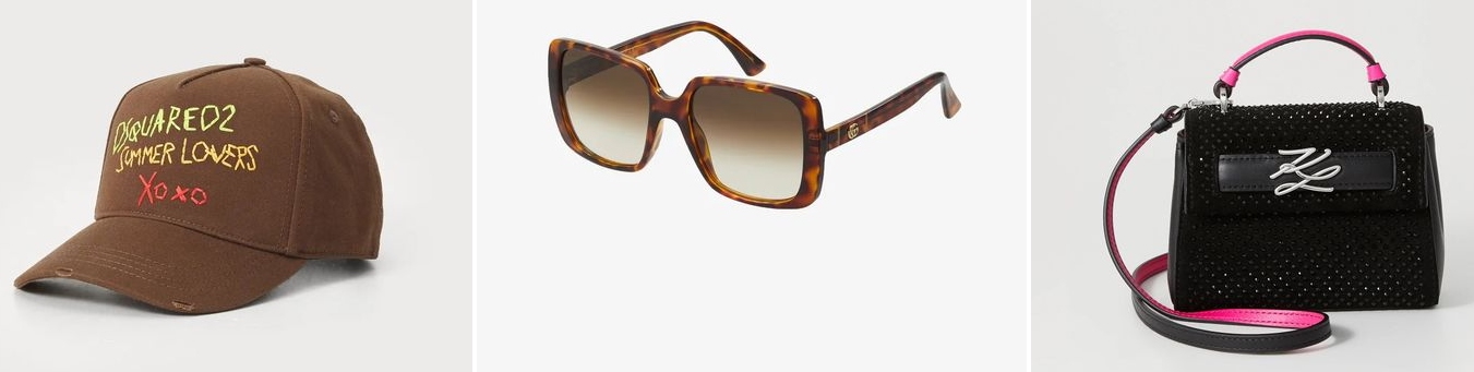 Product collage: cap, sunglasses, and bag